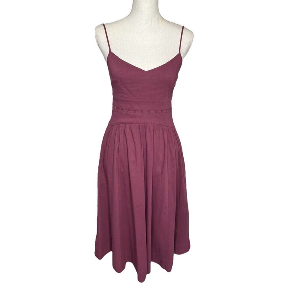 Theory Dresses & Skirts - Theory Linen Spaghetti Strap V Neck Fit Flare Lattice Pockets Dress Plum 2